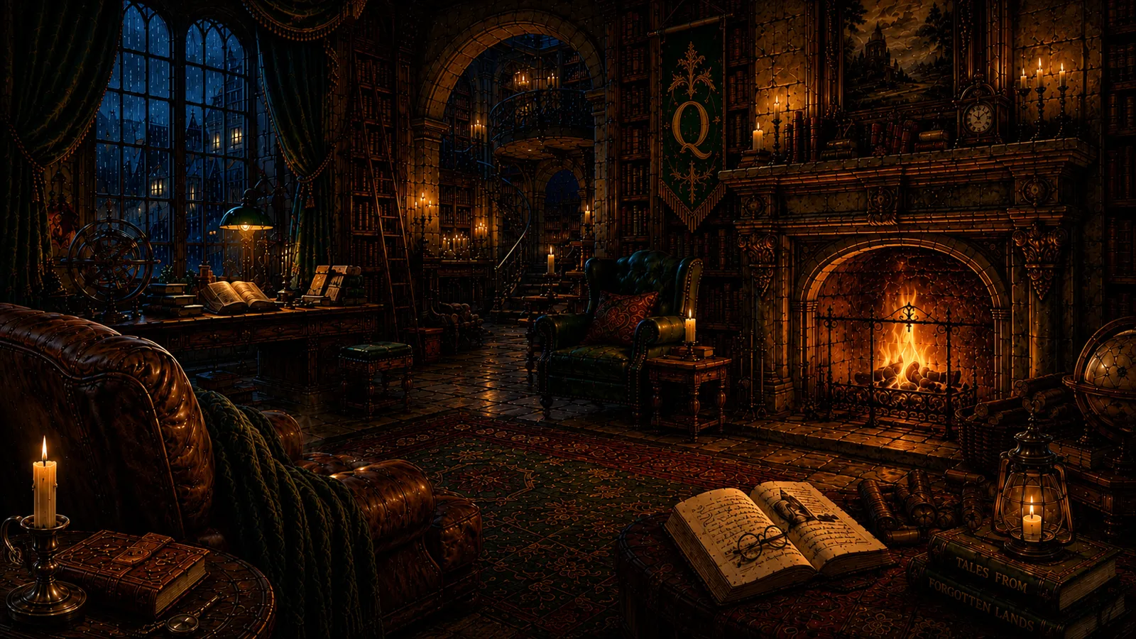 The Fireplace Room — a candlelit reading room with a roaring hearth