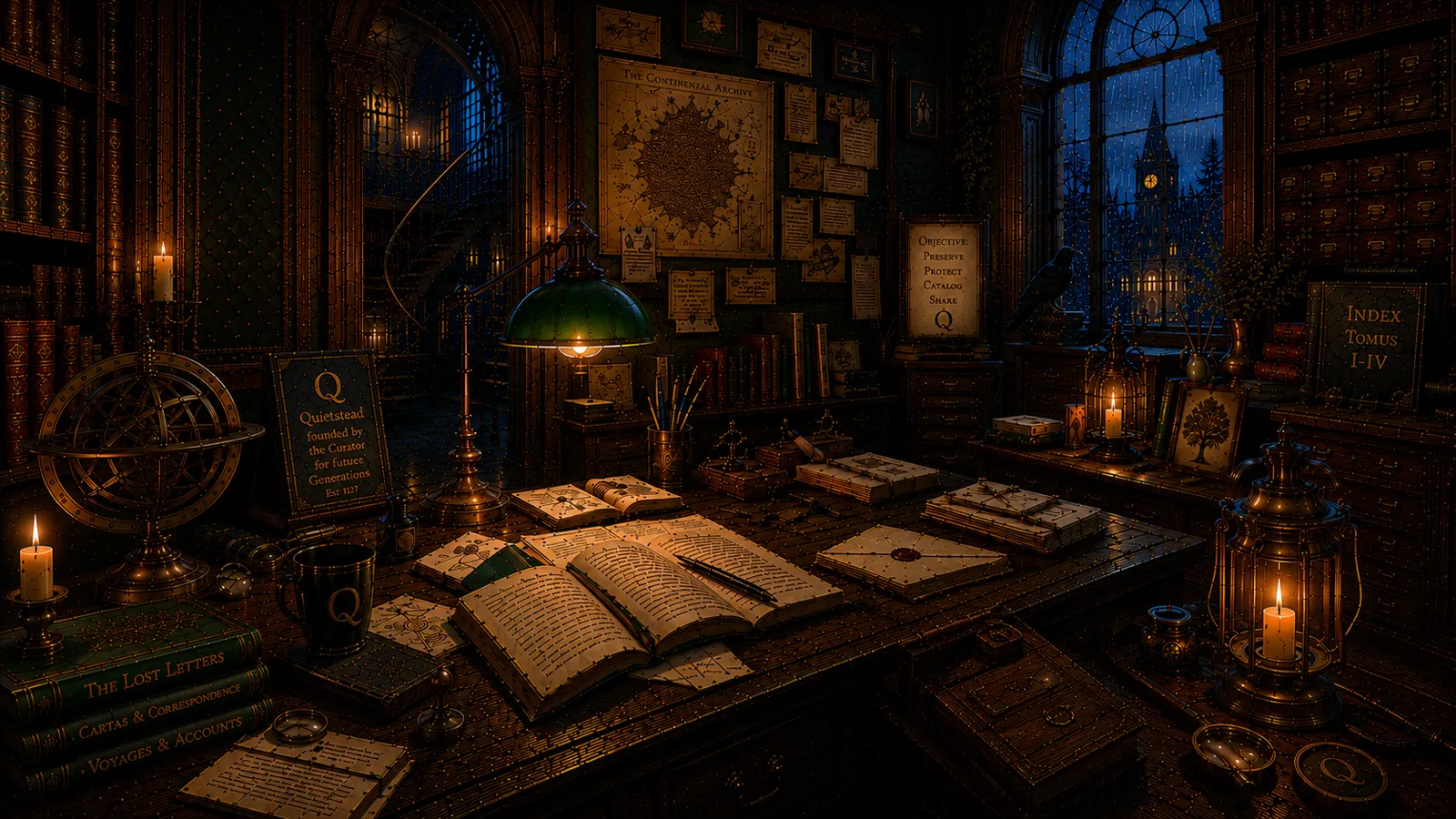The Curator's Study — a warm desk of journals, maps and lamplight